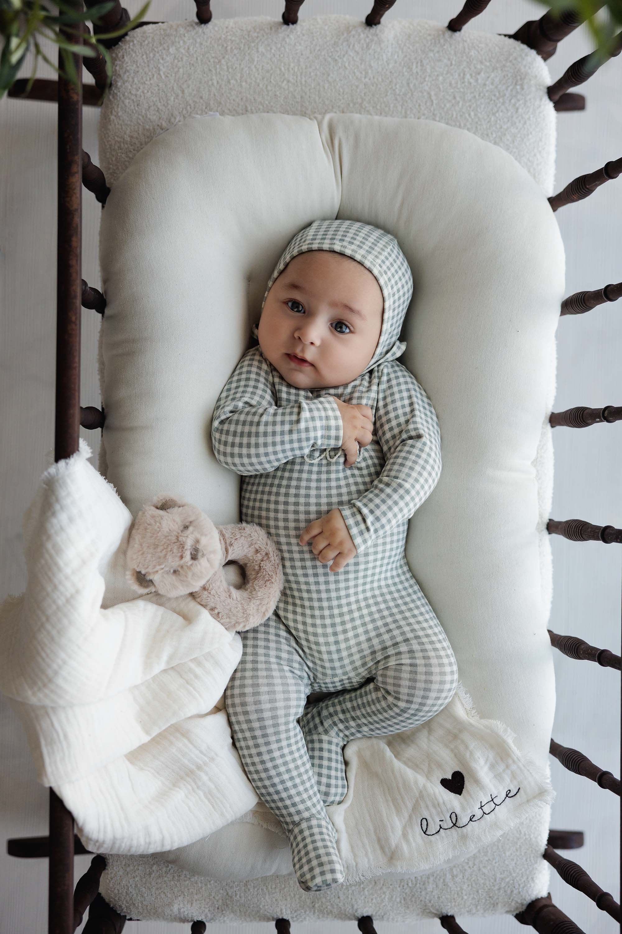 LILETTE GINGHAM BEBE FOOTIE + BEANIE SET