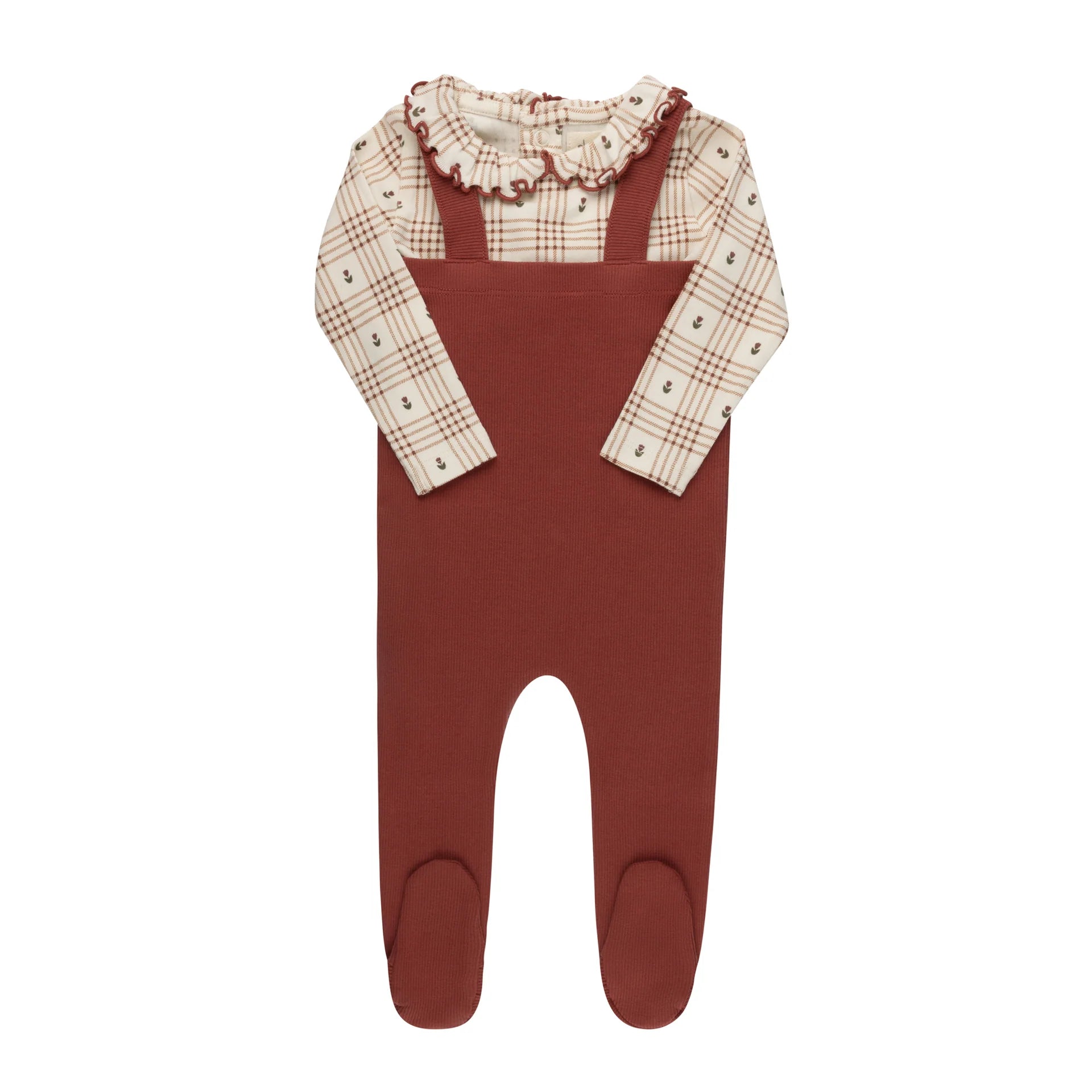 ELYS & CO FLORAL PLAID BODYSUIT + OVERALL 2PC SET