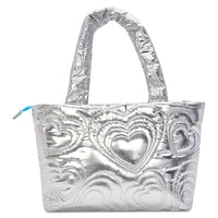 810-1974 ISCREAM SILVER SHINY HEART PUFFY OVERNIGHT BAG