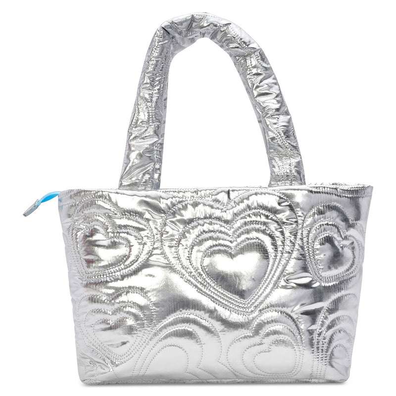 810-1974 ISCREAM SILVER SHINY HEART PUFFY OVERNIGHT BAG