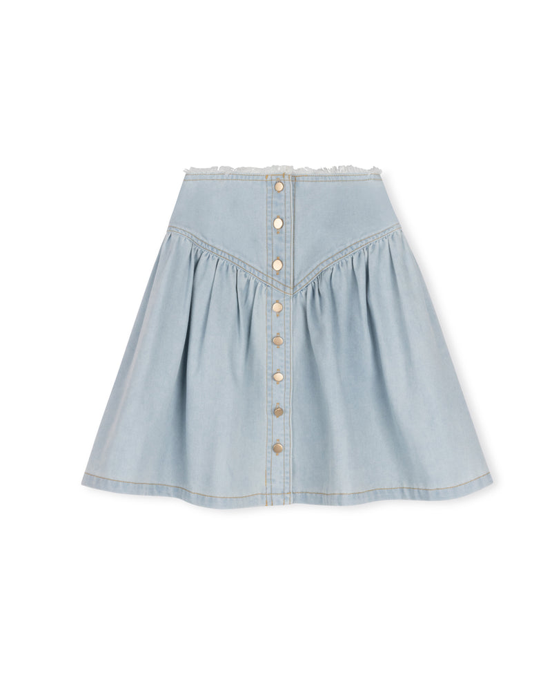 C-19291 PHIL & PHOEBE FRAYED WAIST DENIM KNEE SKIRT