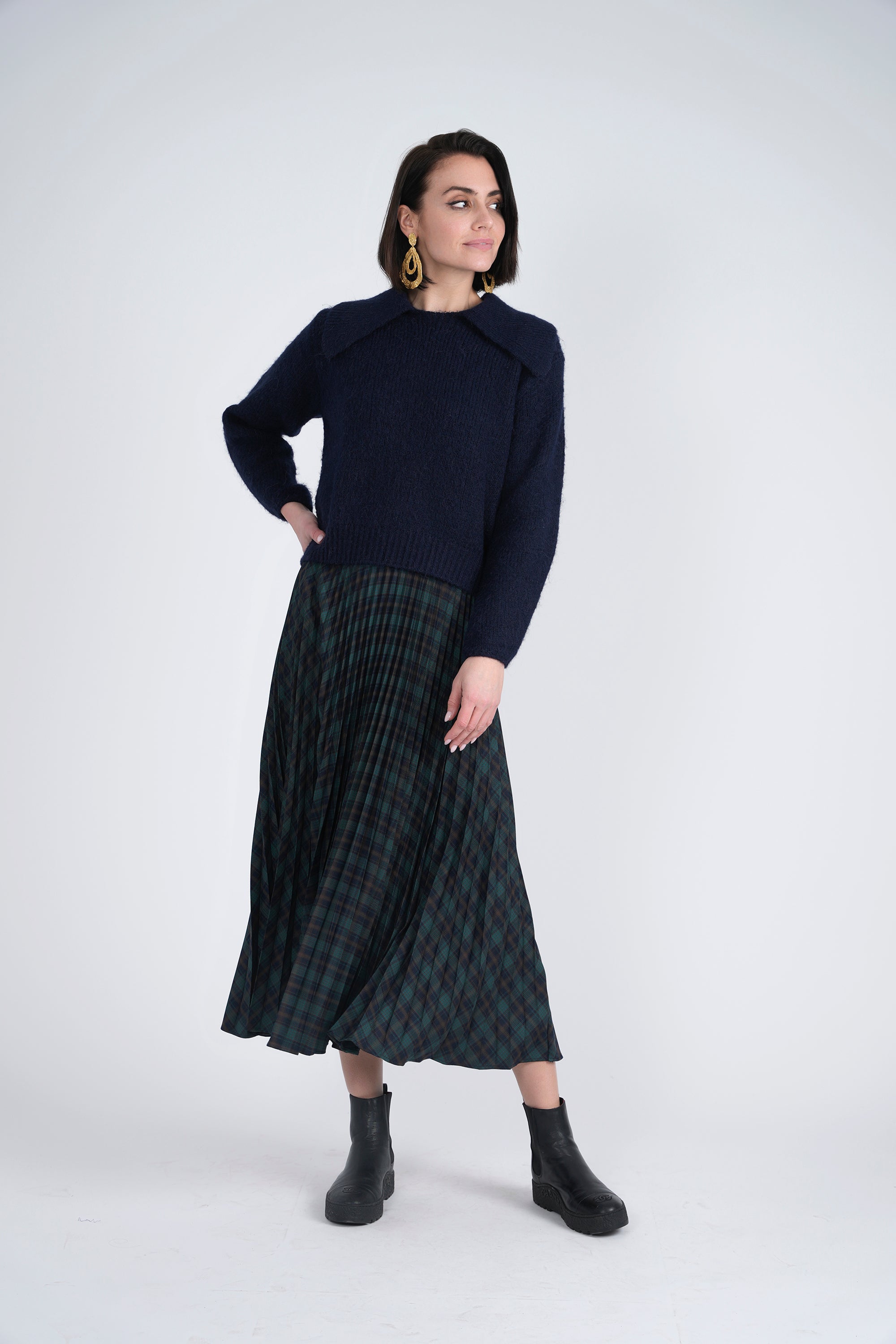 WB3CM8586SM VIVA K LADIES ACCORDIAN PLEATED MIDI PLAID