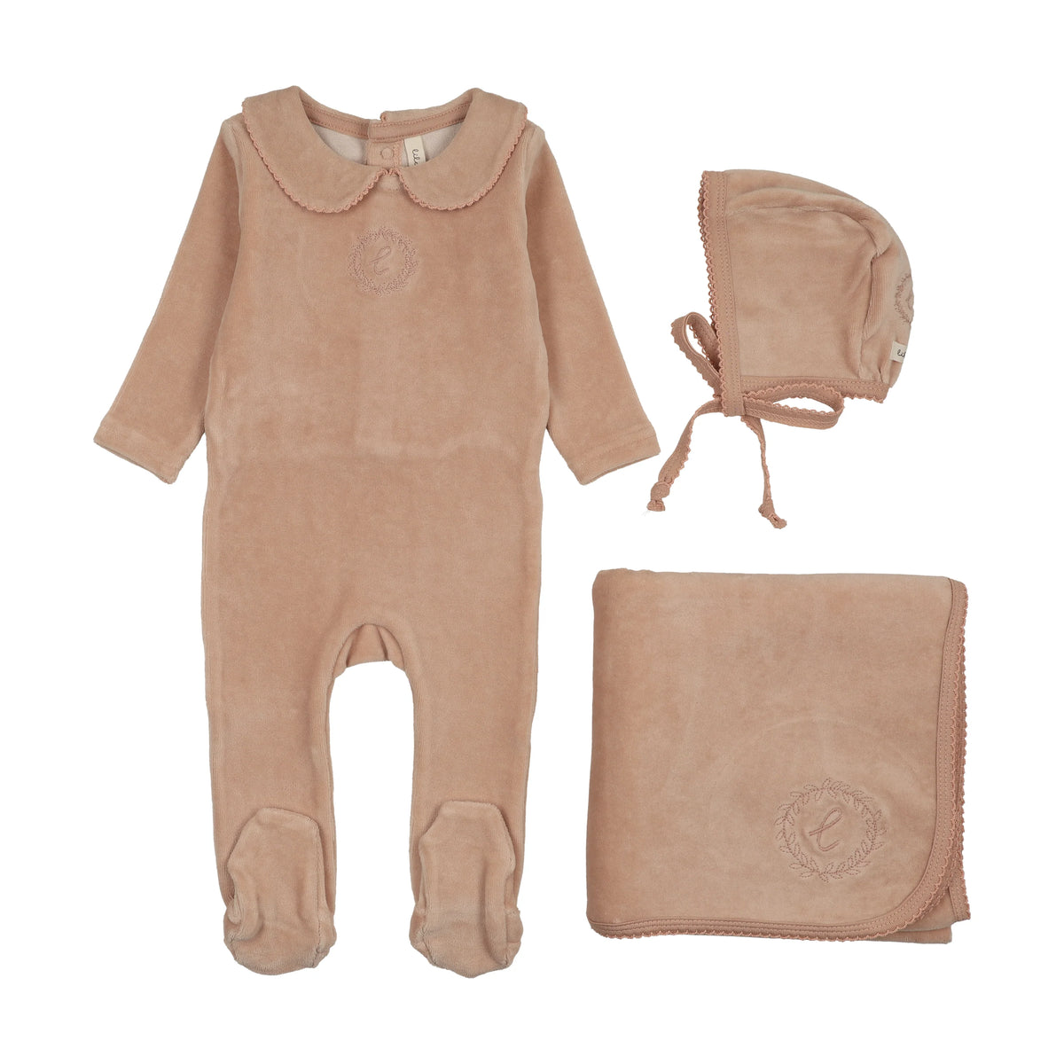 LILETTE VELOUR CREST EMBLEM LAYETTE 3PC SET