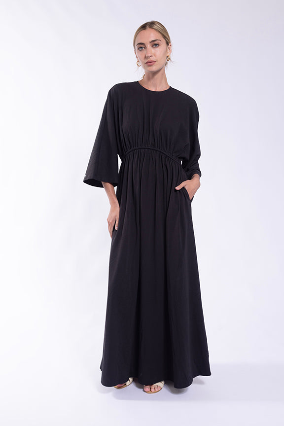 MC5880 MAPLE & CLIFF DOLMAN GATHERED WAIST JERSEY DRESS - BLACK / S MC5880 MAPLE & CLIFF DOLMAN GATHERED WAIST JERSEY DRESS - BLACK / S
