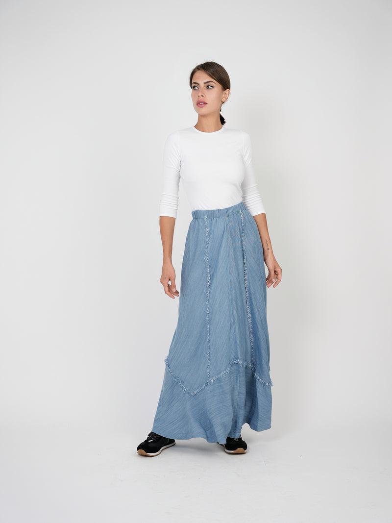 COCO DENIM  MAXI ASYMMETRICAL FRINGE SKIRT SB3CM8387SL
