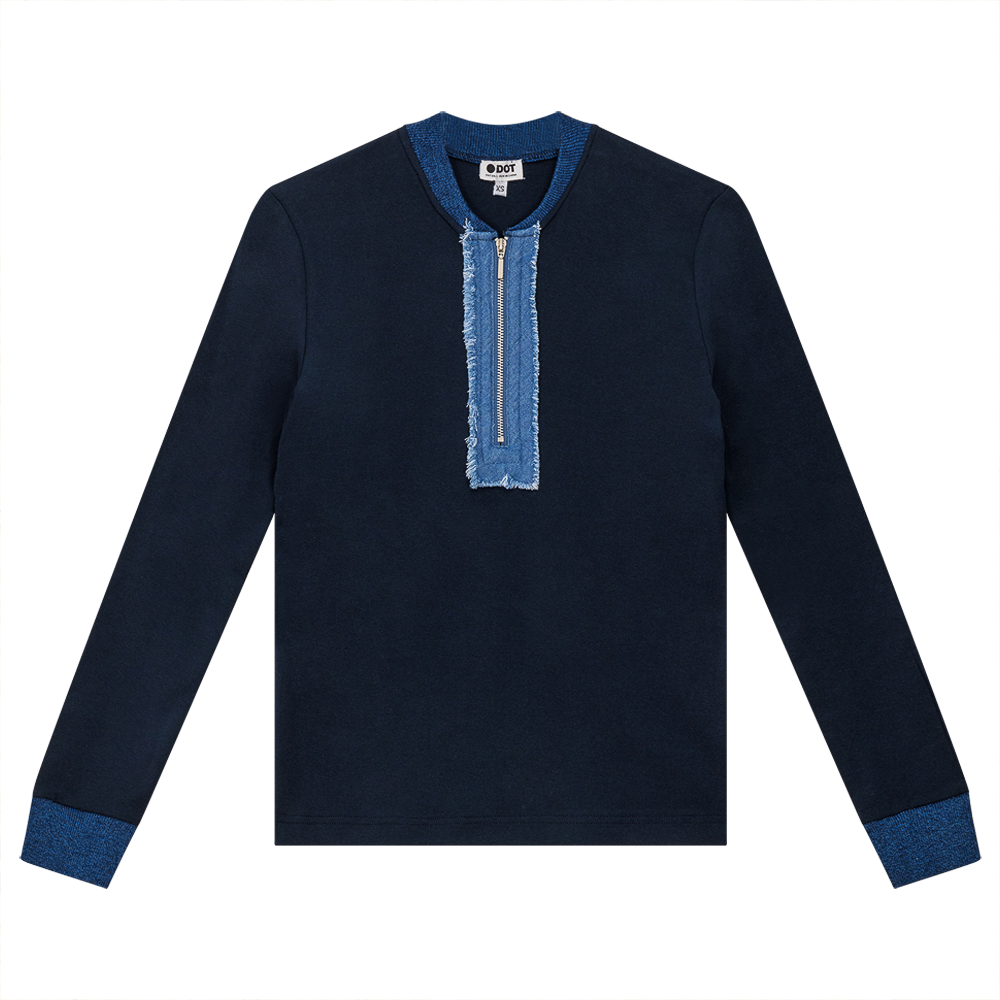 SB4CM8776T DOT HENLEY ZIP TEE W DENIM TRIM