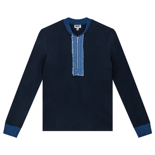 SB4CM8776T DOT HENLEY ZIP TEE W DENIM TRIM