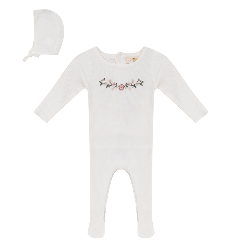 SB5CY2609 APRICOT BABY RIB KNIT FOOTIE + BONNET