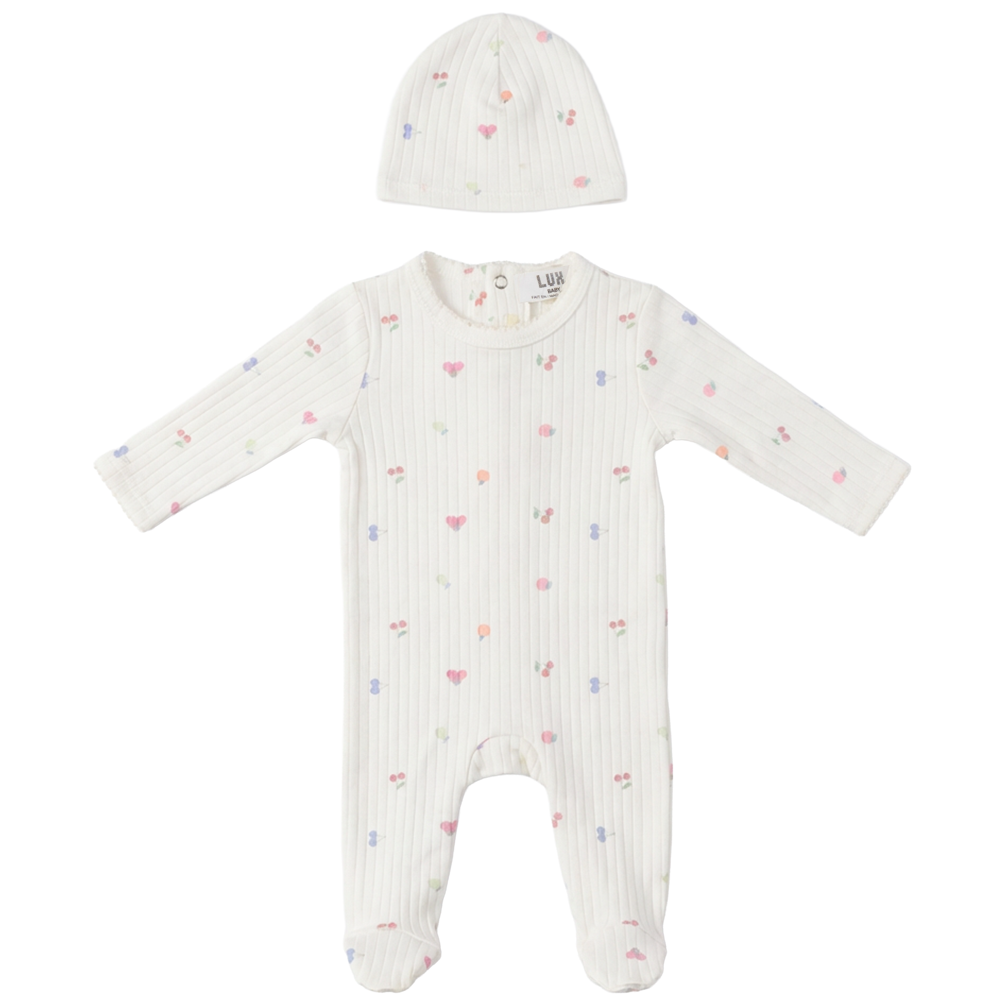 SB6CY2973 LUX BABY PRINT POINTELLE FOOTIE + BEANIE
