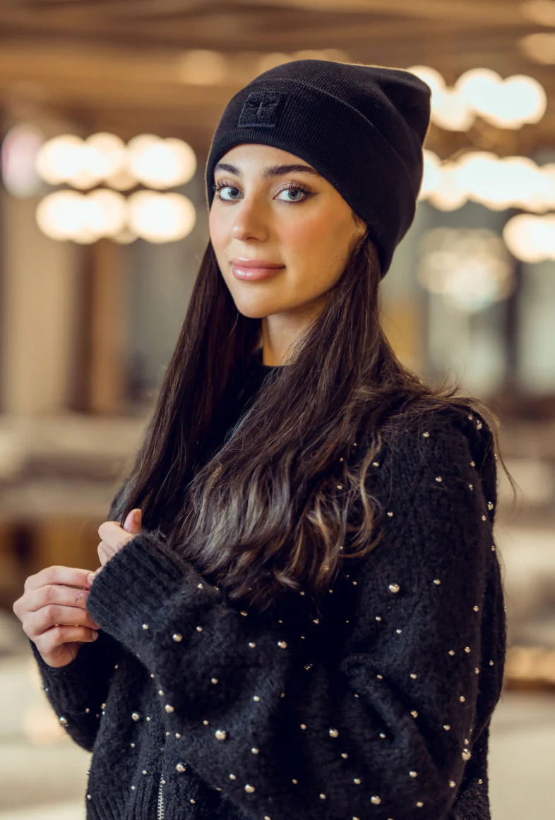 TAL NY SHERPA LOGO CUFF MONOCHROME BEANIE