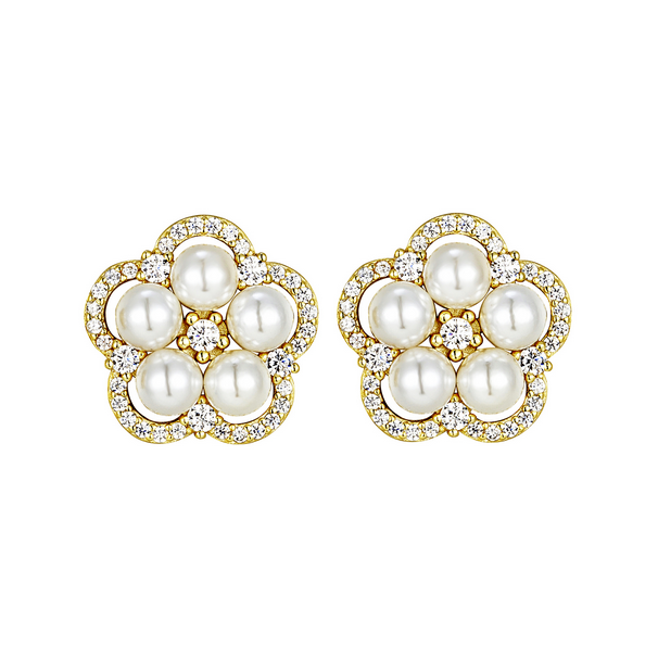 9EP515 DLUX GP SS PEARLS AND WHITE CZ FLOWER STUD EARRING