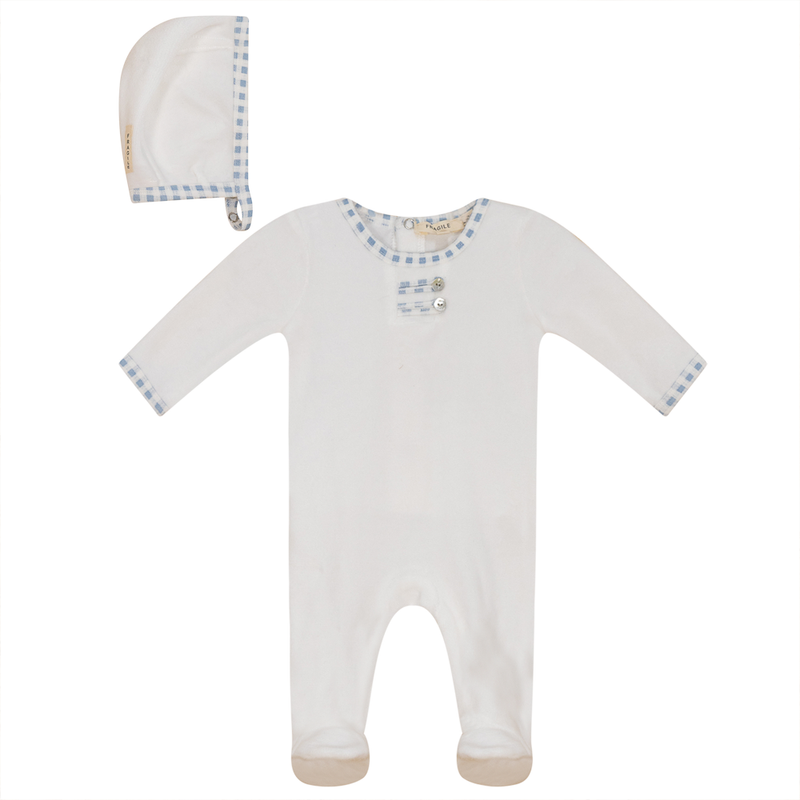 WB3CP4875 FRAGILE BABY VELOUR FOOTIE W CHECK TRIM