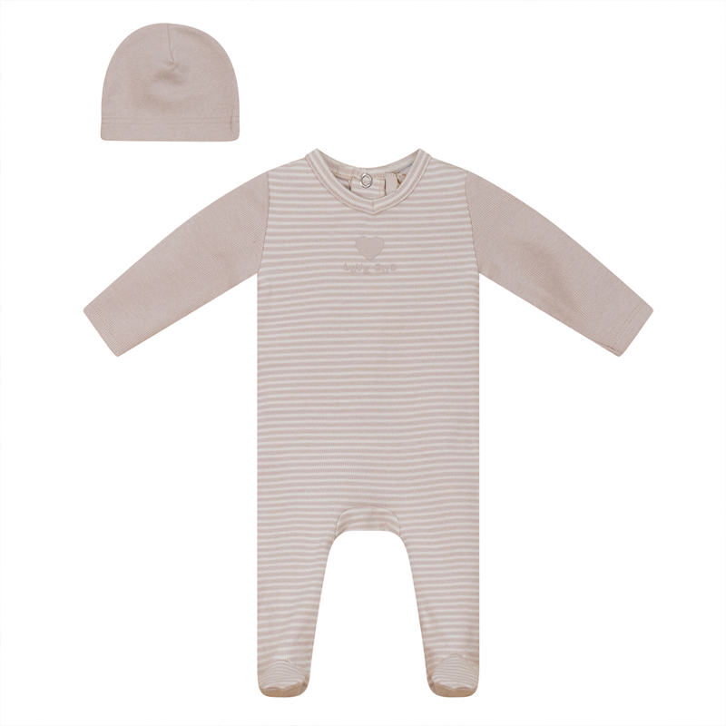 WB3CY2139B LUX  BABY 2 TONE STRIPED RIB SET ROMPER + HAT