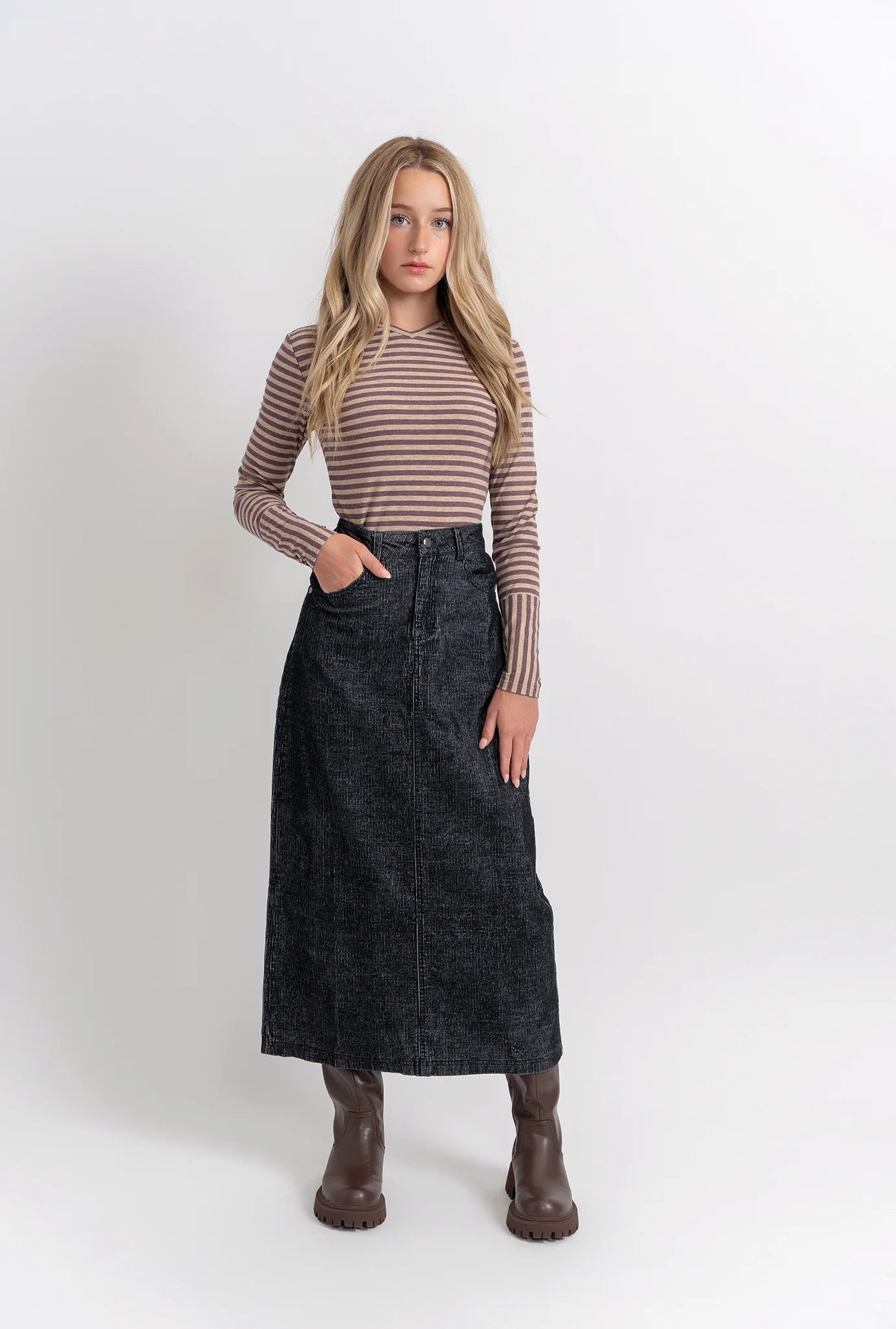 WB5CP7216 FYI STRIPE RIB V NECK TOP