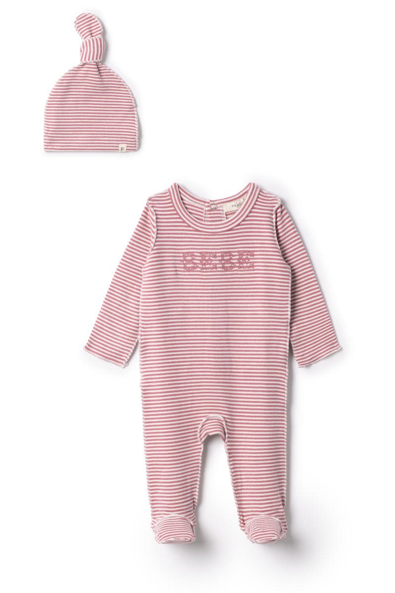 WB5CP7219A FRAGILE STRIPE JERSEY FOOTIE + BEANIE