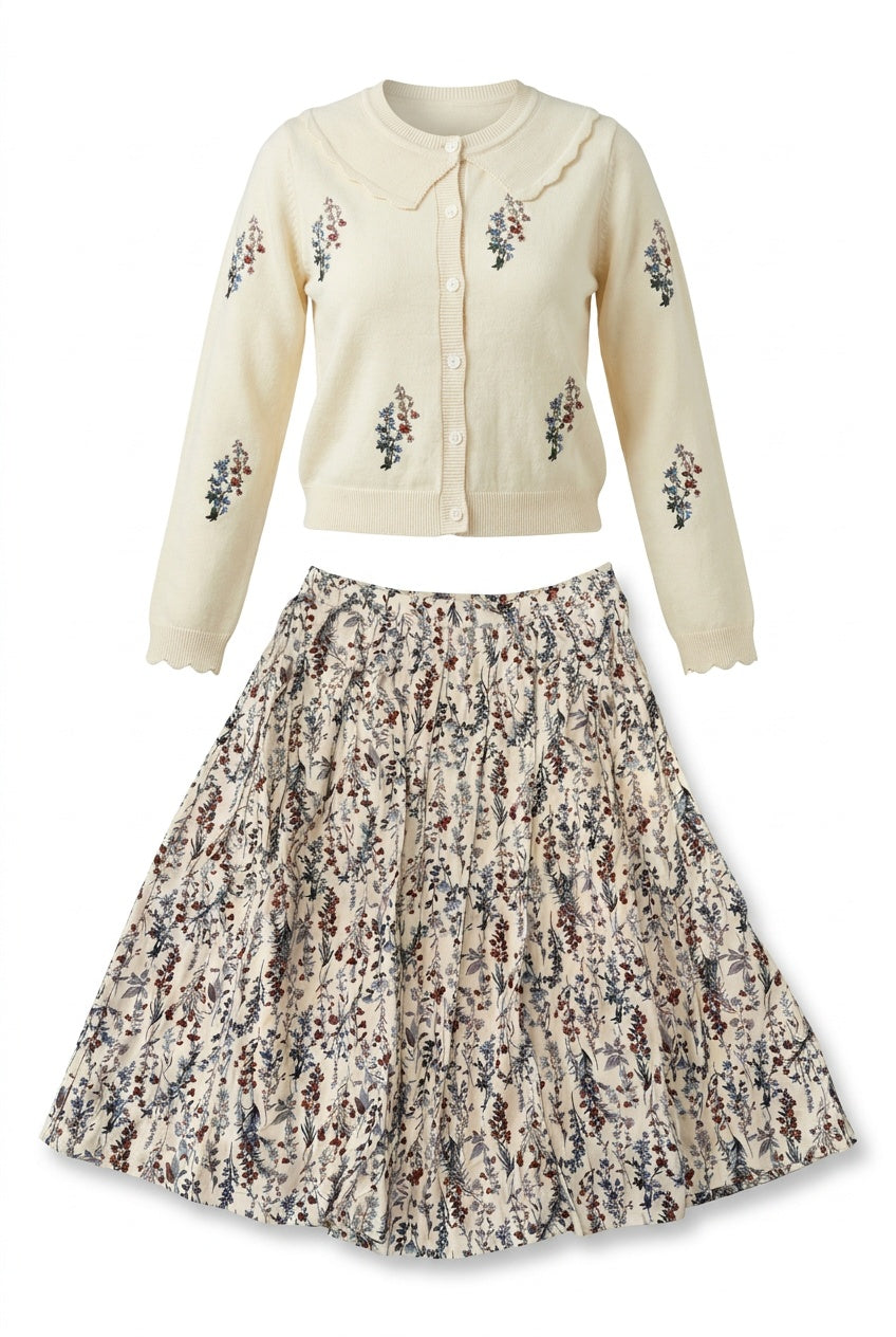 WB6CP7444EG CLO PRINT KNIT CARDIGAN + SKIRT SET