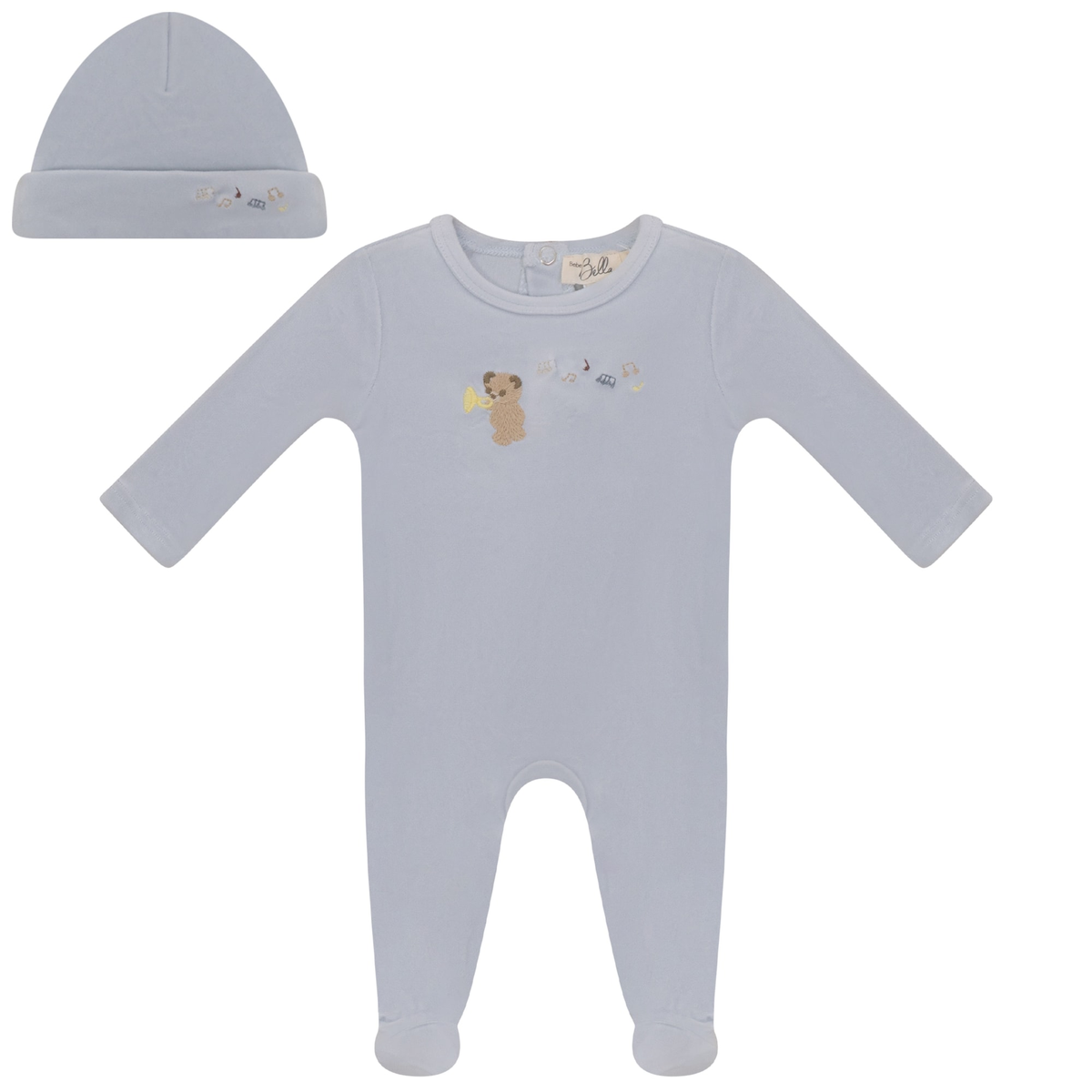 WB6CY3021B BEBE BELLA BEAR EMBR. VELOUR FOOTIE + BEANIE SET