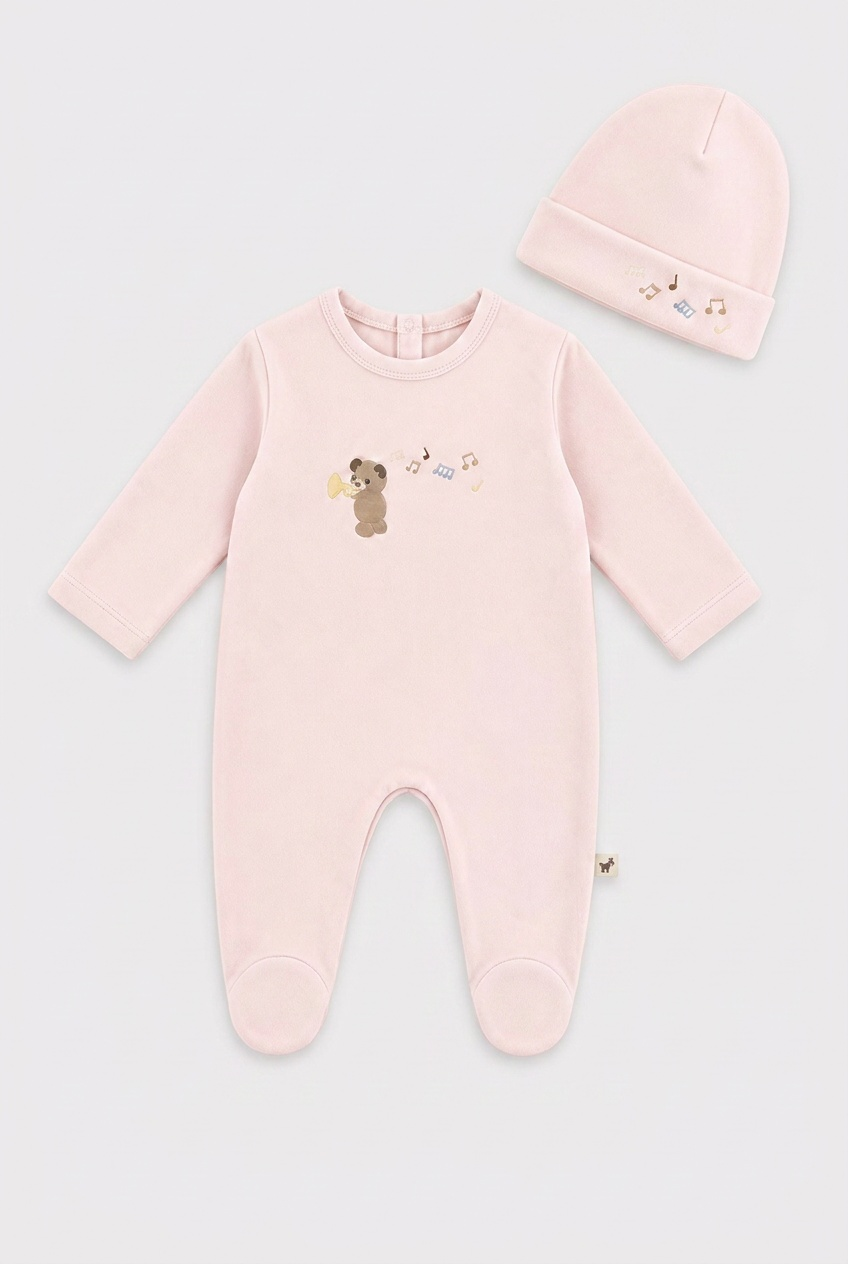 WB6CY3021G BEBE BELLA BEAR EMBR. VELOUR FOOTIE + BEANIE SET