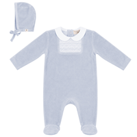 WB6CY3098 BEBE BELLA SMOCK VELOUR FOOTIE + BONNET