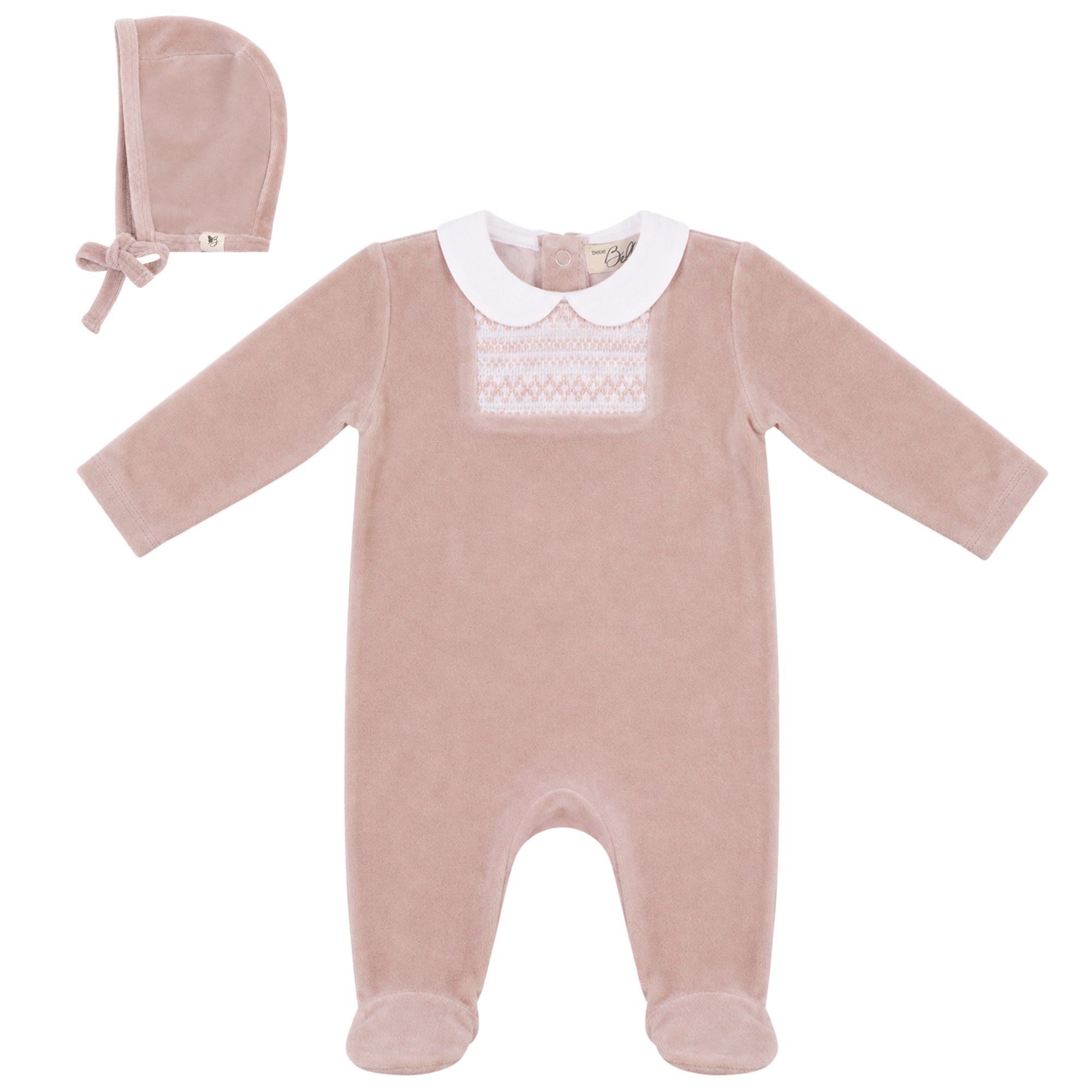 WB6CY3098 BEBE BELLA SMOCK VELOUR FOOTIE + BONNET