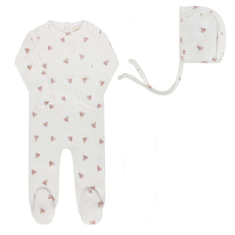 ELYS & CO VELOUR LEAF PATTERN FOOTIE + BONNET