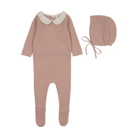 LILETTE EMBROIDERED KNIT COLLAR FOOTIE + BONNET SET