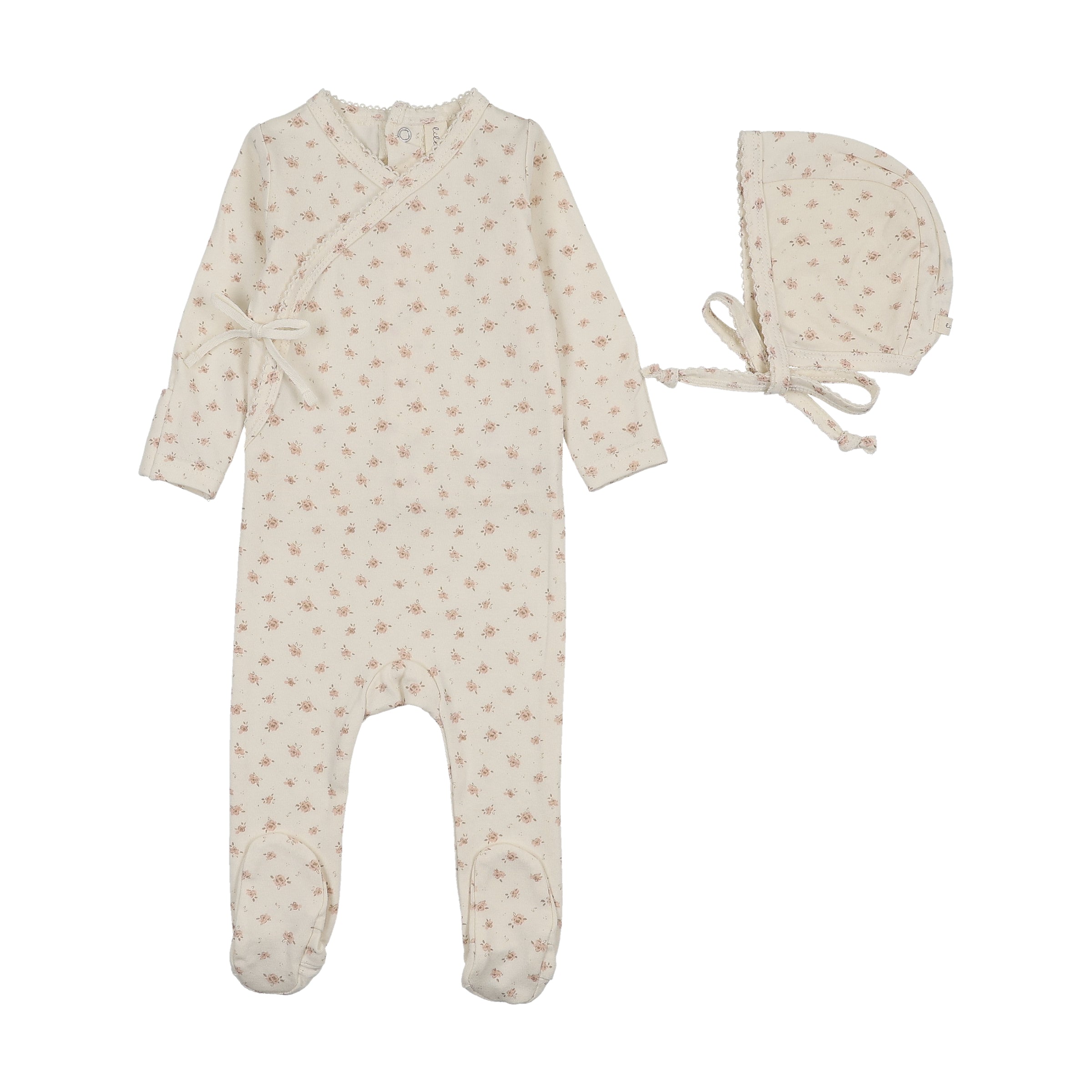 LILETTE PRINT WRAPOVER FOOTIE + BONNET SET