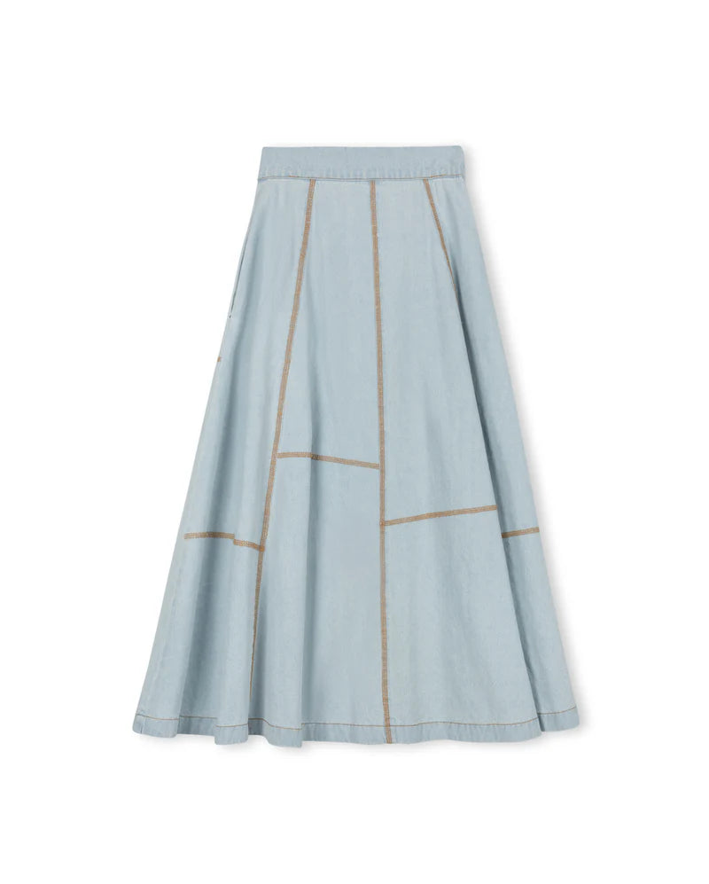 C-23768 VIBE DENIM STITCH DETAIL MAXI SKIRT