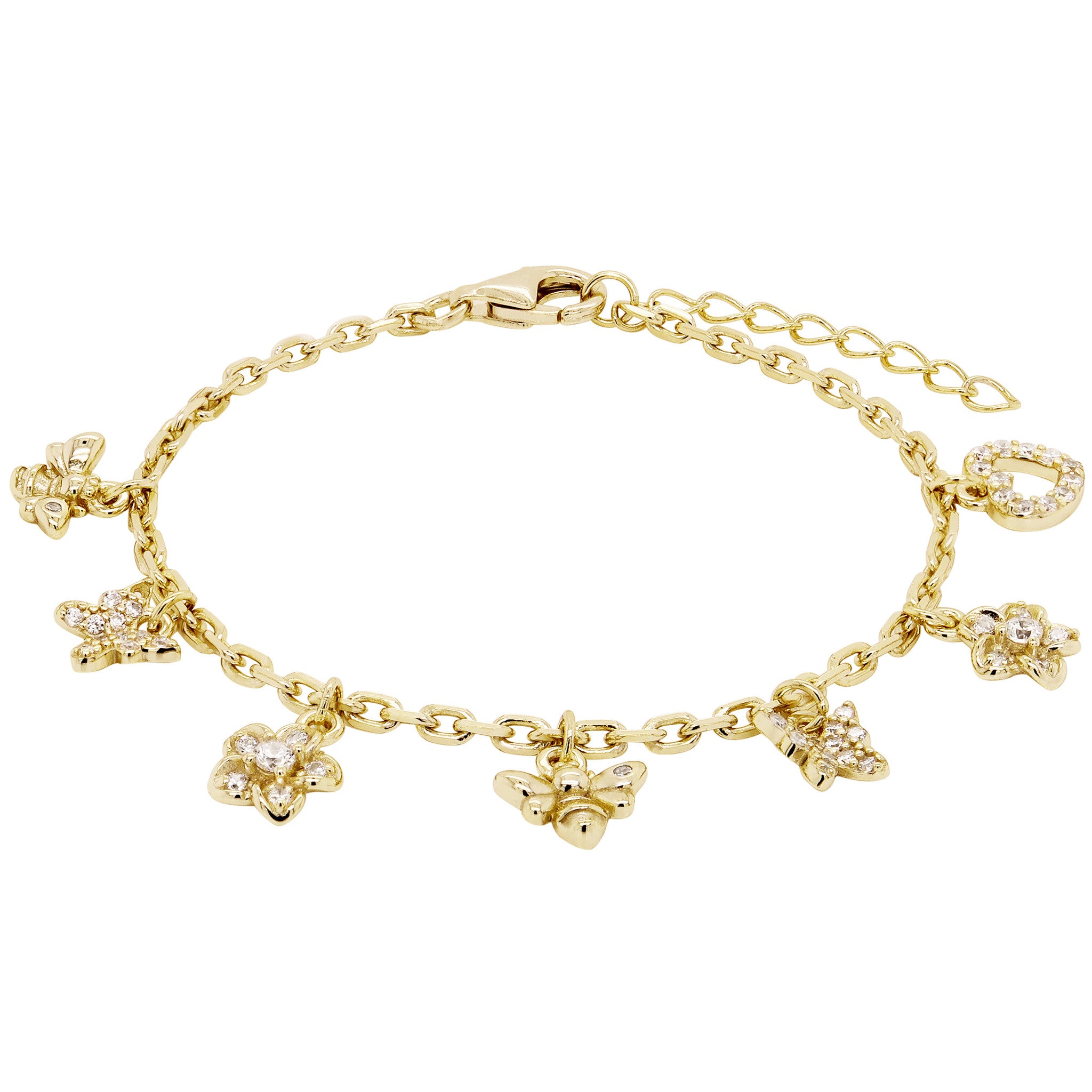 8B698 DLUX CZ FLOWER, HEART, BUTTERFLY, BEE CHARMS ON GP SS PAPER CLIP CHAIN BRACELET