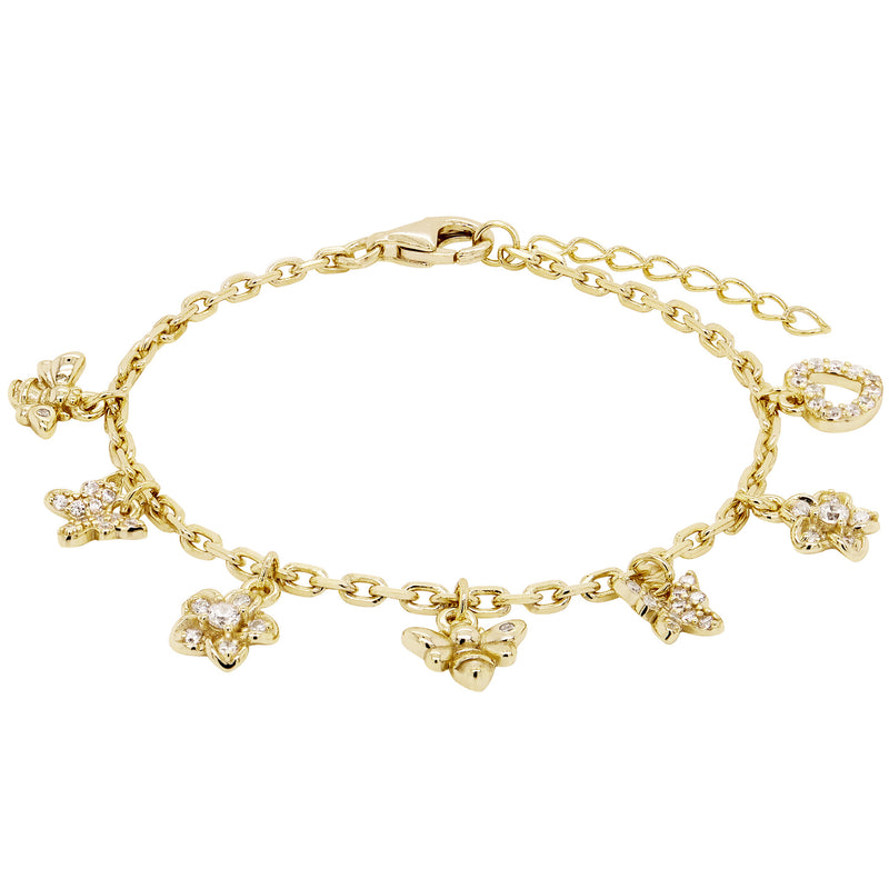 8B698 DLUX CZ FLOWER, HEART, BUTTERFLY, BEE CHARMS ON GP SS PAPER CLIP CHAIN BRACELET