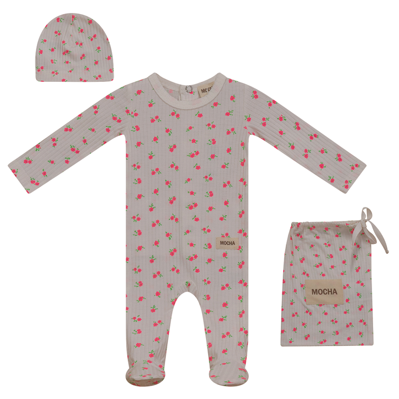 SB3CP4757 MOCHA FLORAL FOOTIE + HAT