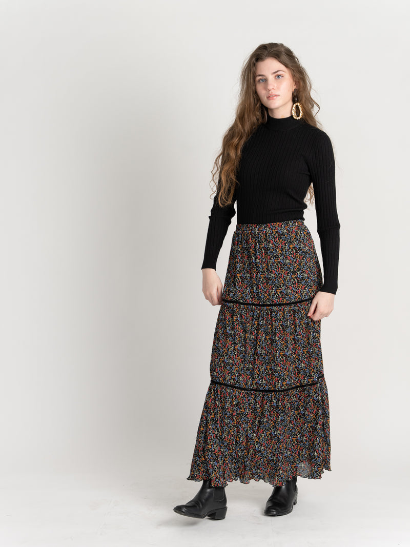 WB2CM8140SM THE NORWAY CLUB LADIES SATIN MIDI FLORAL SKIRT W/VELVET TRIM