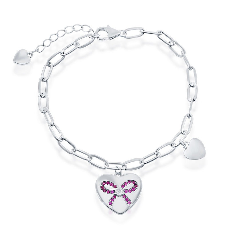 T-7912 CLASSIC SS HEART W RUBY CZ PAPERCLIP BRACELET