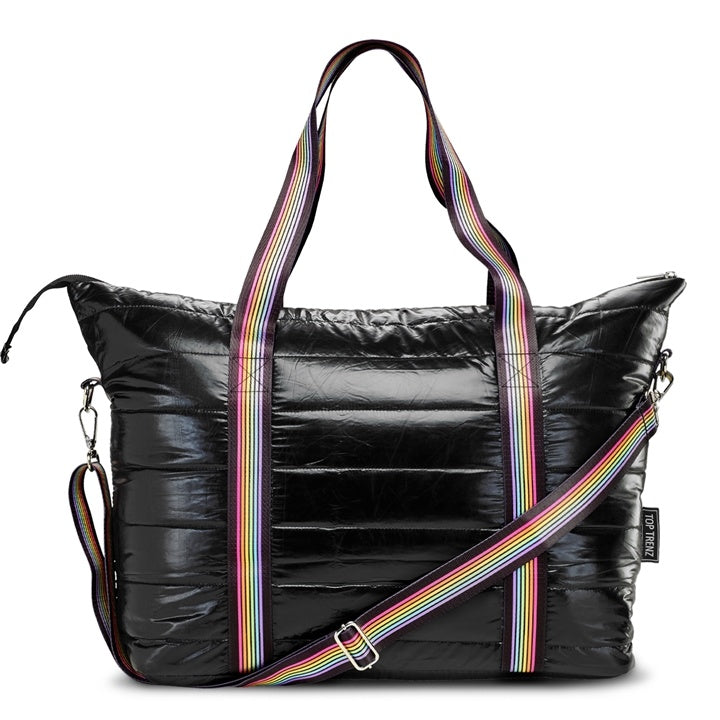 TOP TRENZ BLACK PUFFER TOTE W/ RAINBOW TRACK STRAP